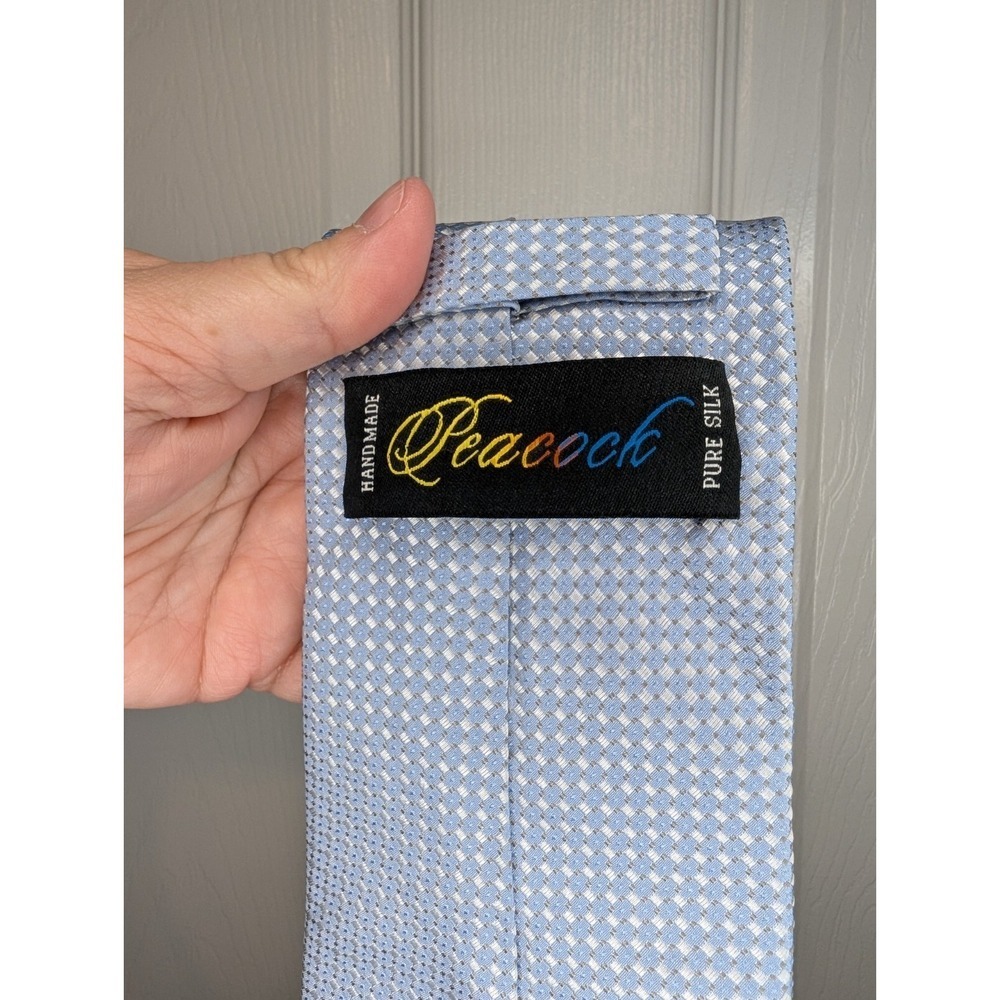 Peacock Handmade Silk Tie Blue White Check Standard Length and Width EUC - Picture 4 of 7